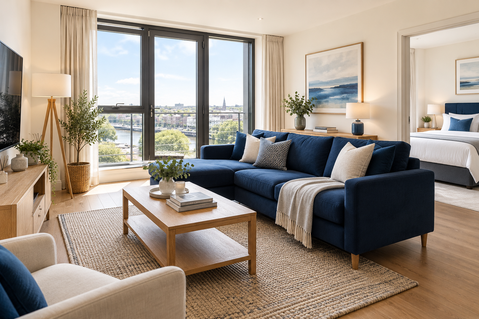 Bright, thoughtfully furnished apartment with a blue sofa and oak furniture